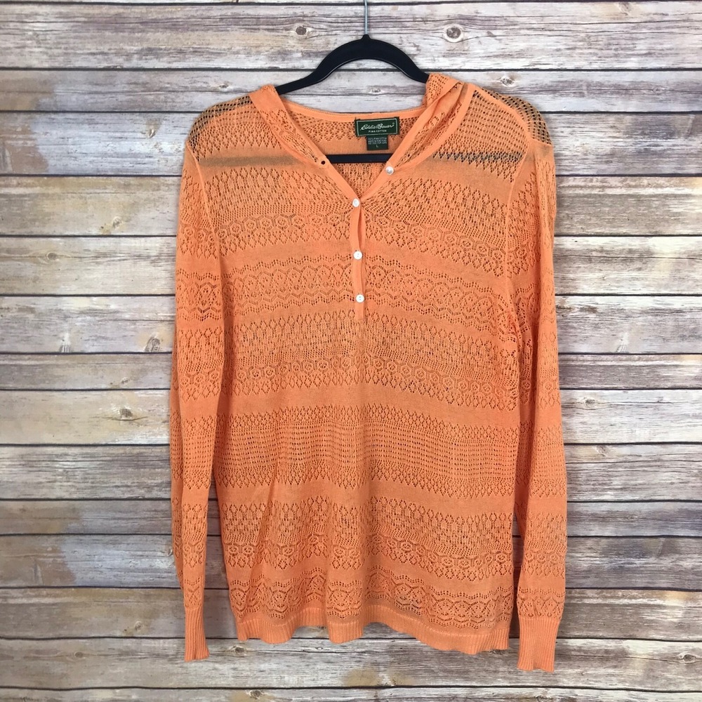 Eddie Bauer Sweater‎ Womens L Orange Pima Cotton Hooded Sheer Lace 1/4 Button